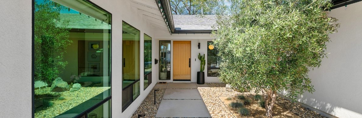 Modern ADU courtyard entry with olive tree landscaping and paver walkway in San Diego