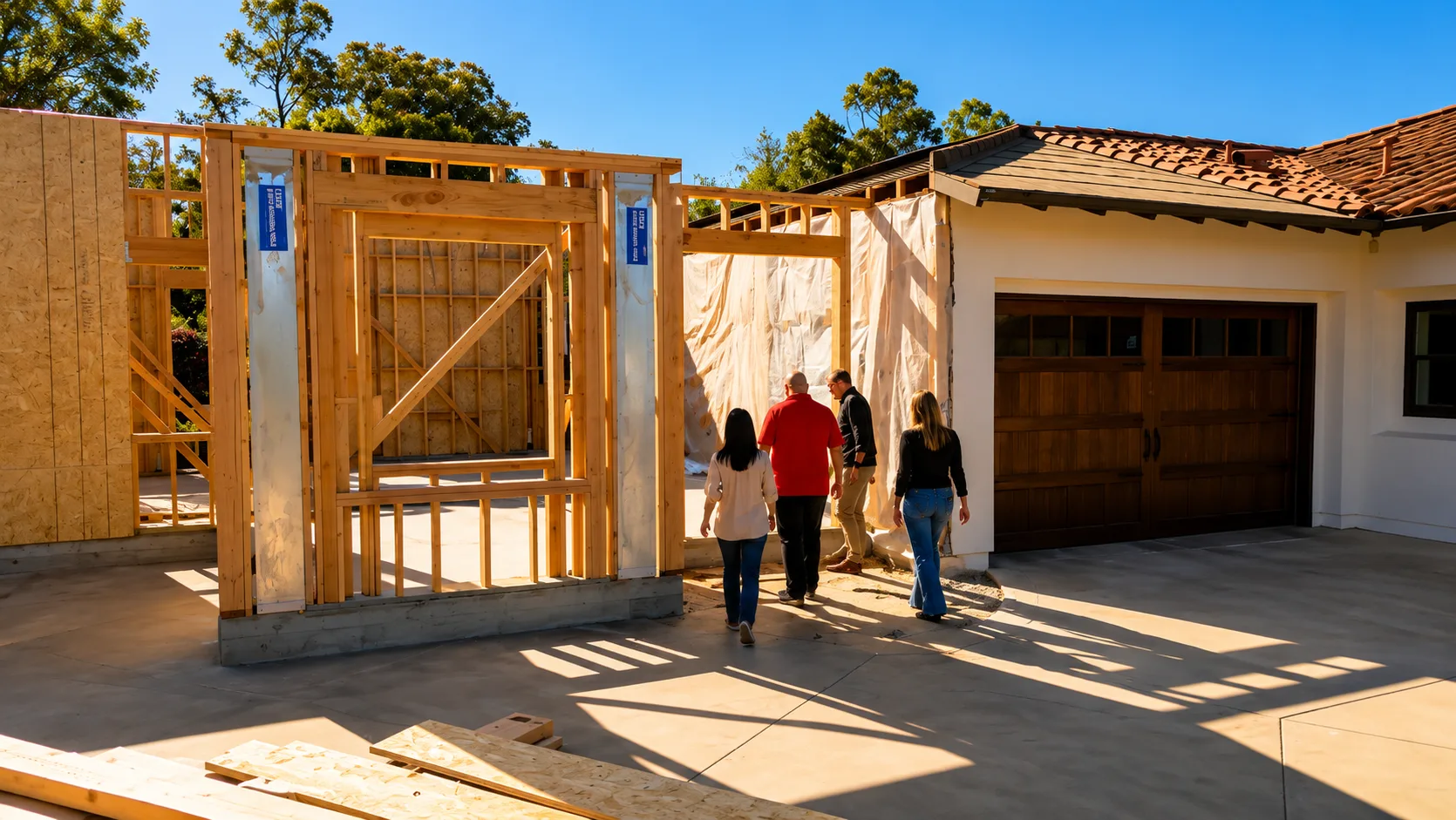Lars remodeling team reviewing a San Diego home addition during framing