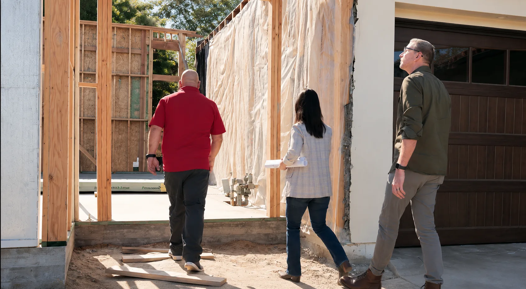 Lars team reviewing an active home addition during framing