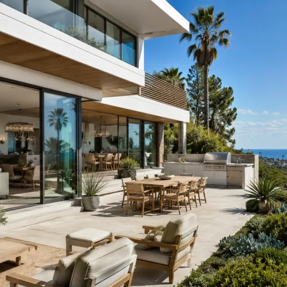Coastal Contemporary custom home with a light exterior and natural wood accents