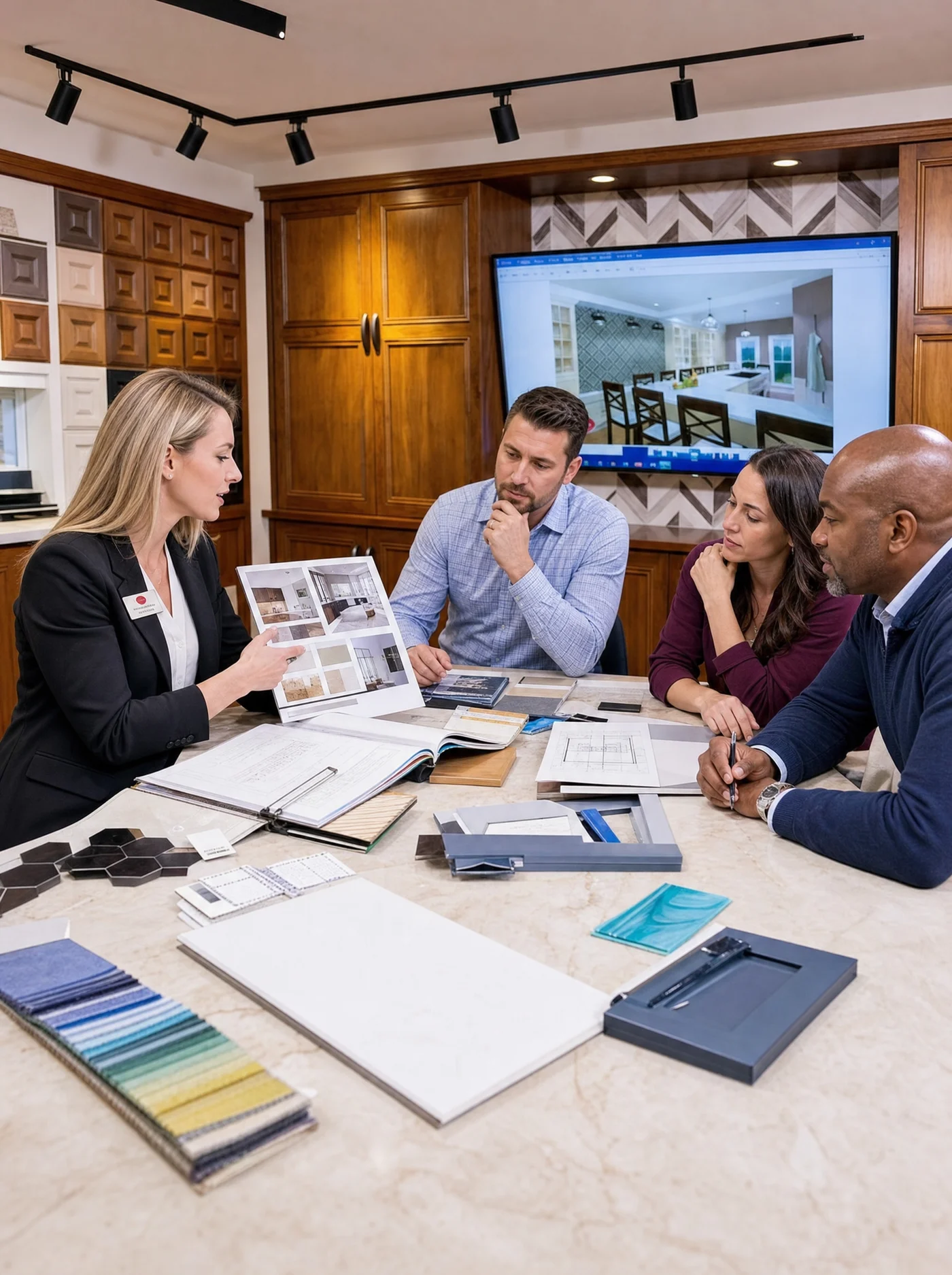 Lars interior designer presenting remodeling materials and kitchen plans to homeowners