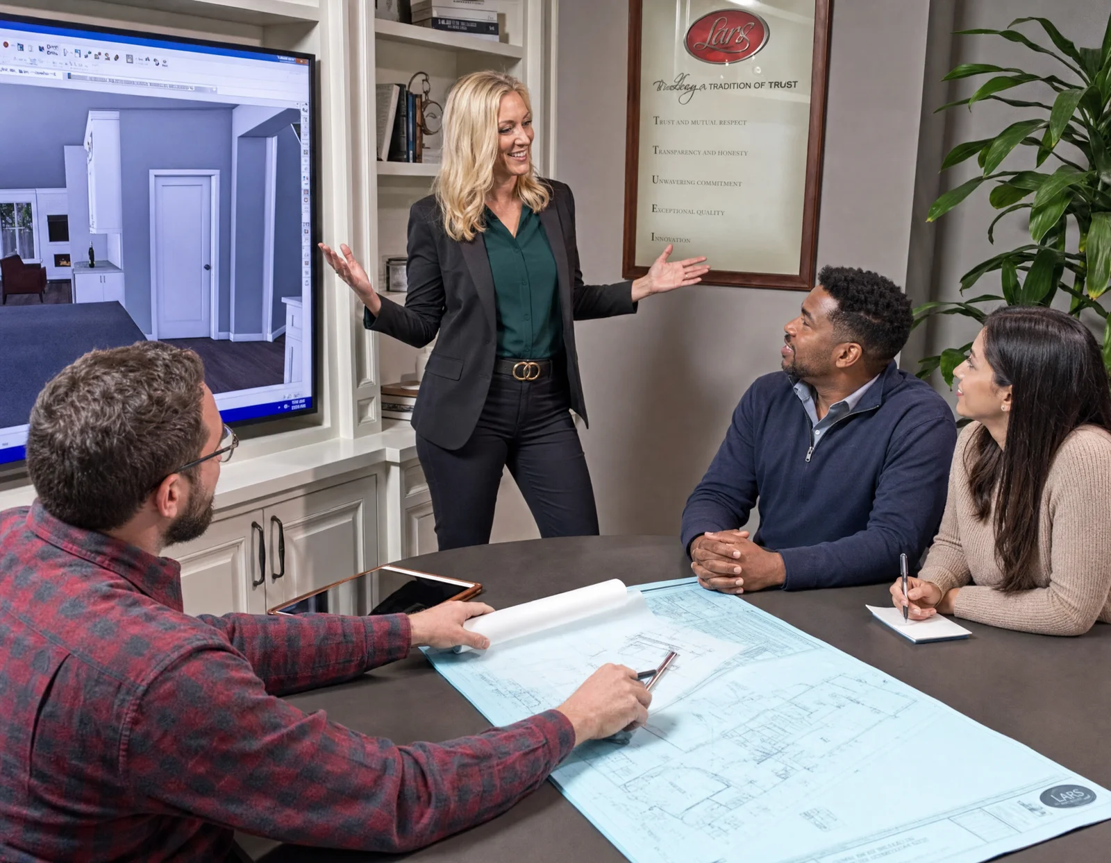 Lars design professional presenting a remodeling plan to homeowners