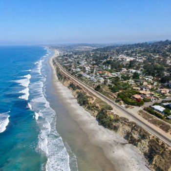 Aerial view of the Del Mar coastline and homes