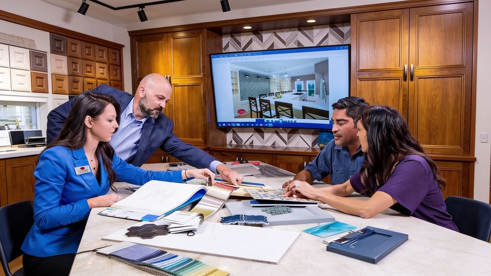 Lars design review with homeowners comparing plans and material samples in the showroom