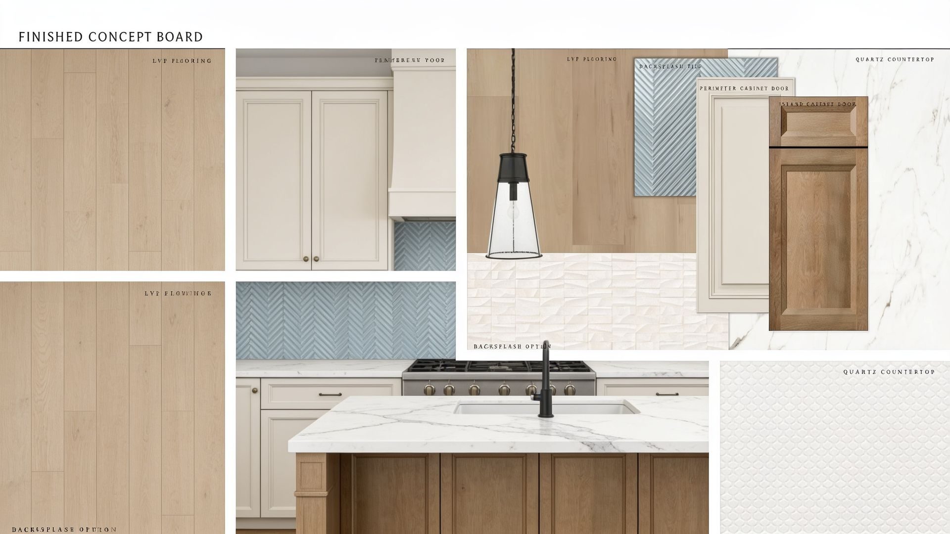 Finished transitional concept board with kitchen visualization, flooring, tile, cabinet, lighting, and quartz selections
