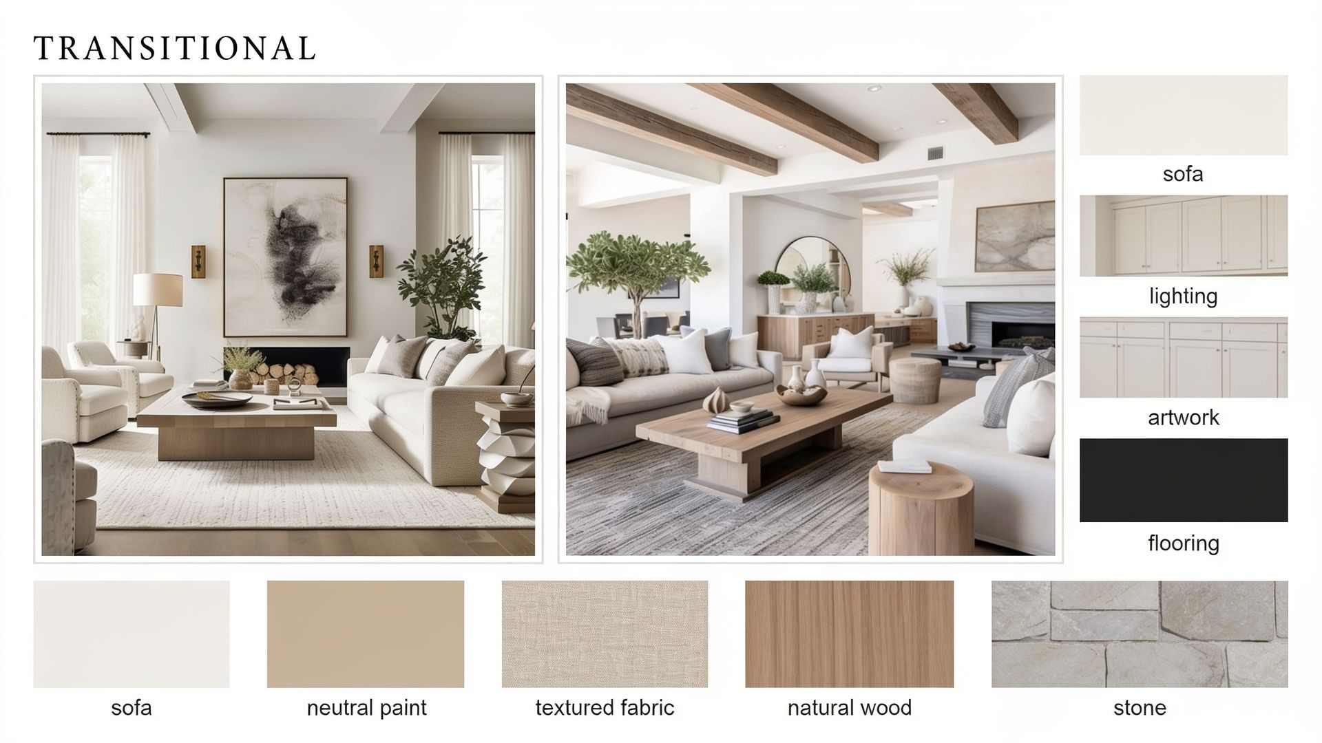 Transitional inspiration presentation with living room references, neutral materials, and finish callouts