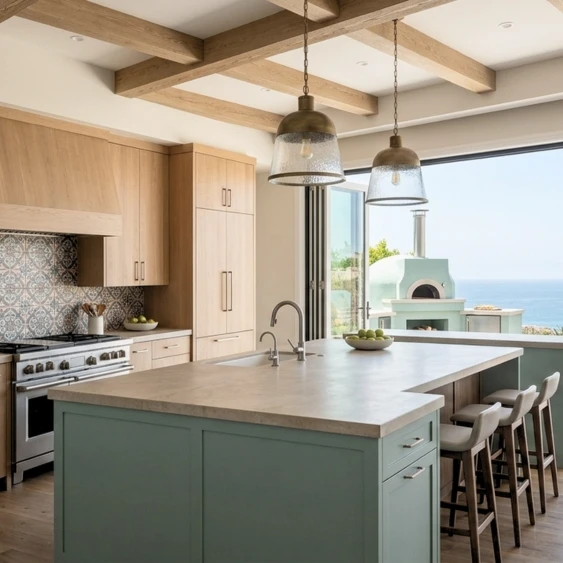 Coastal contemporary San Diego kitchen remodel with a seafoam island, natural wood finishes, and ocean views