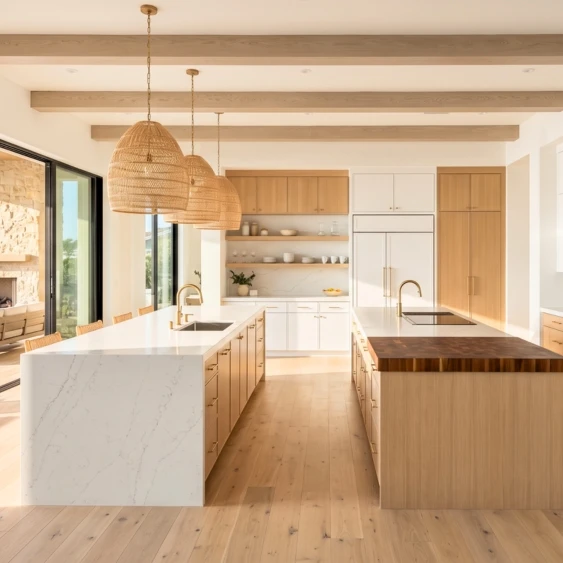 Coastal modern San Diego kitchen remodel with light wood cabinetry, a white island, and exposed ceiling beams