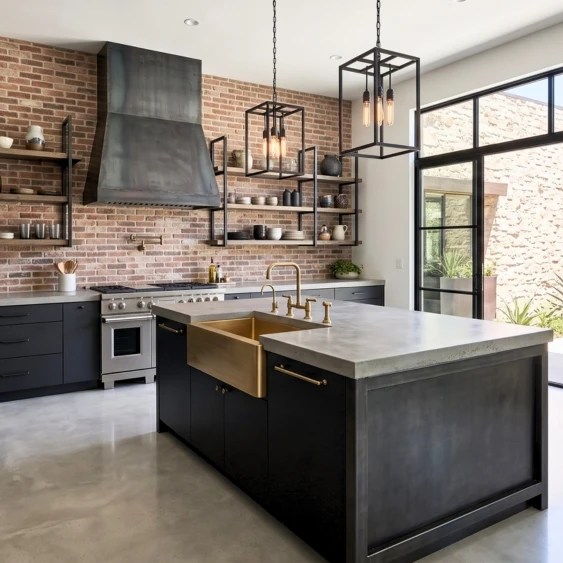 Industrial chic San Diego kitchen with exposed brick, metal shelving, and a concrete island