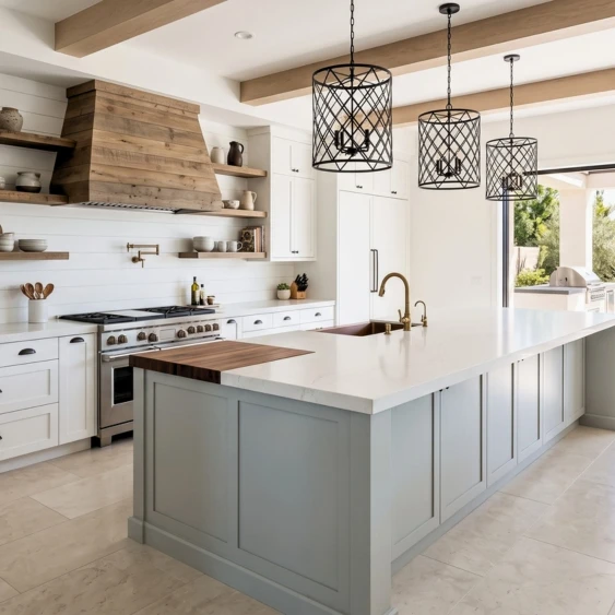 Modern farmhouse San Diego kitchen remodel with white cabinetry, a pale blue island, and pendant lighting