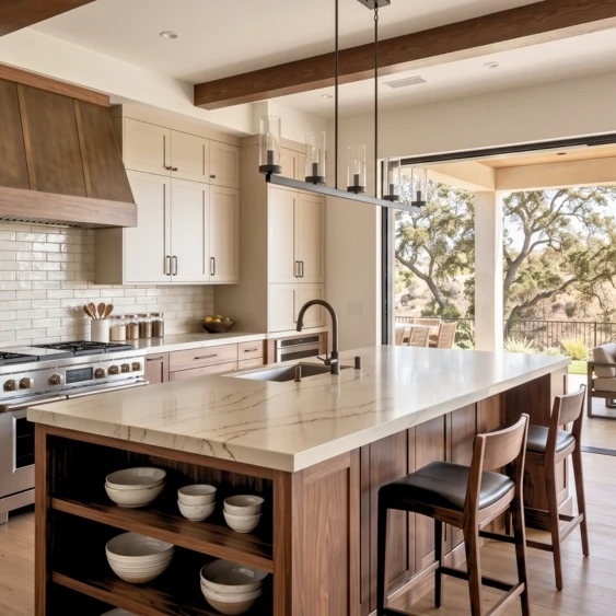 Transitional San Diego kitchen remodel with white and wood cabinetry, a quartz island, and open shelving