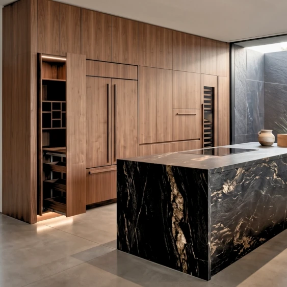 Warm minimalist San Diego kitchen with walnut cabinetry, integrated appliances, and a black stone island