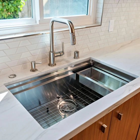 Stainless workstation kitchen sink with pull-down faucet in a San Diego remodel