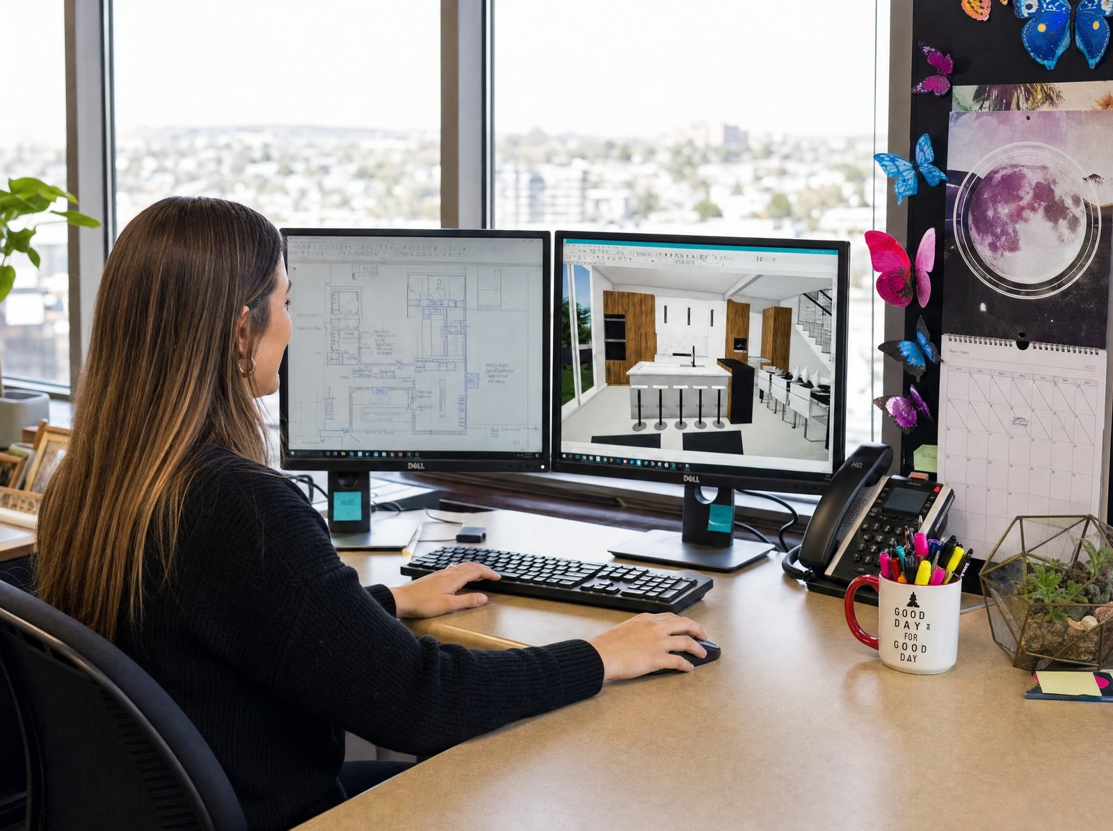 Lars designer reviewing measured floor plans and a 3D kitchen rendering during design and feasibility