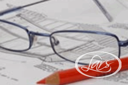 A pair of eyeglasses with thin, blue frames rests on top of a detailed technical drawing. A red pencil is also placed diagonally across the drawing, emphasizing a focus on design or architectural work.