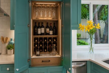 Built-in wine storage cabinet with organized bottle racks, hanging stemware, and dedicated entertaining space integrated into a custom kitchen.