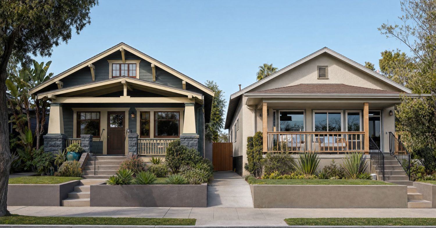 Two neighboring bungalow homes showing different levels of preserved historic exterior character