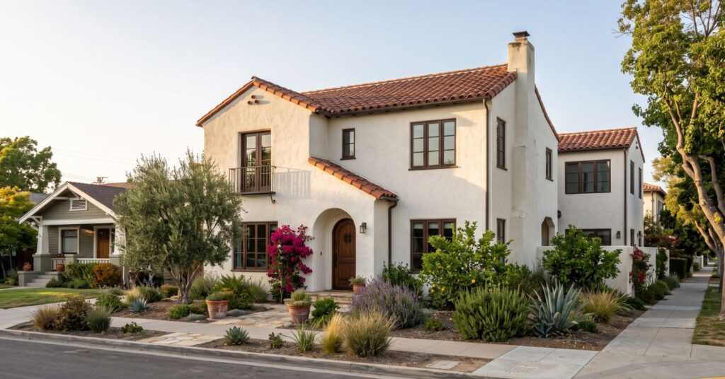 Renovated Spanish Revival home with clay tile roof and drought-tolerant landscaping in a San Diego neighborhood