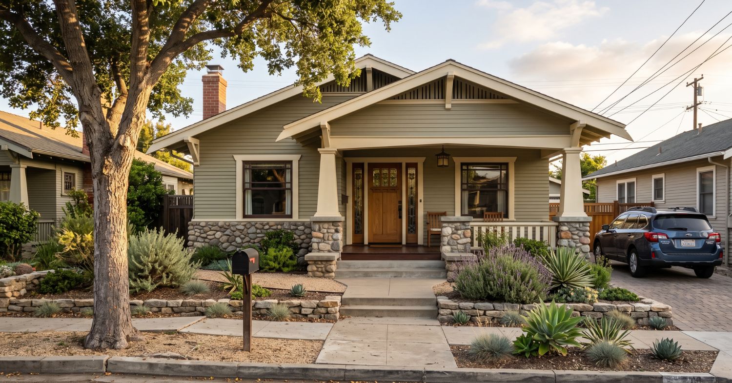 Restored Craftsman bungalow with deep front porch, tapered columns and drought-tolerant landscaping
