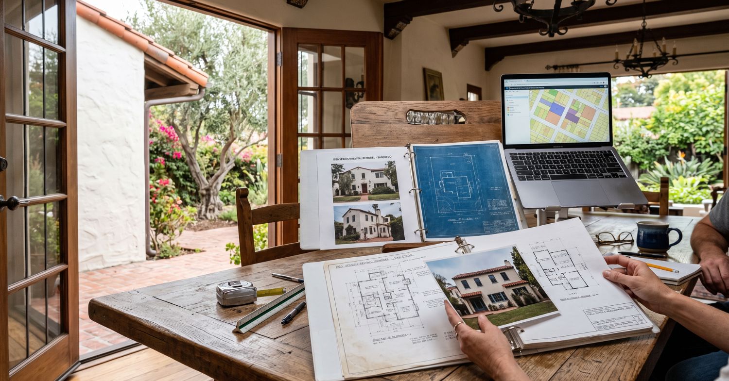 Spanish Revival home with clay tile roof, detached garage and neighboring historic-era residences