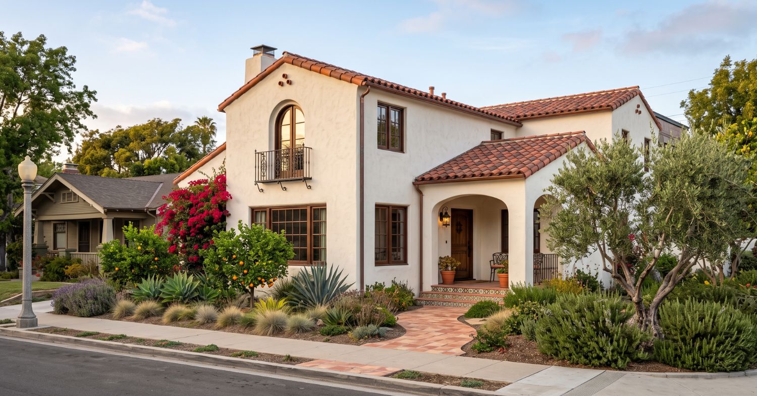Renovated two-story Spanish Revival home with clay tile roof and mature landscaping in San Diego