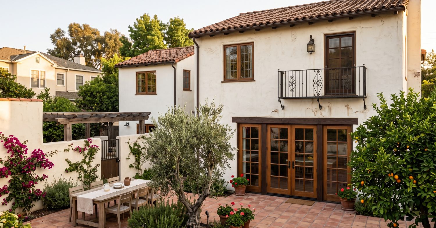 Renovated Spanish Revival home opening to a terracotta courtyard with French doors and mature landscaping