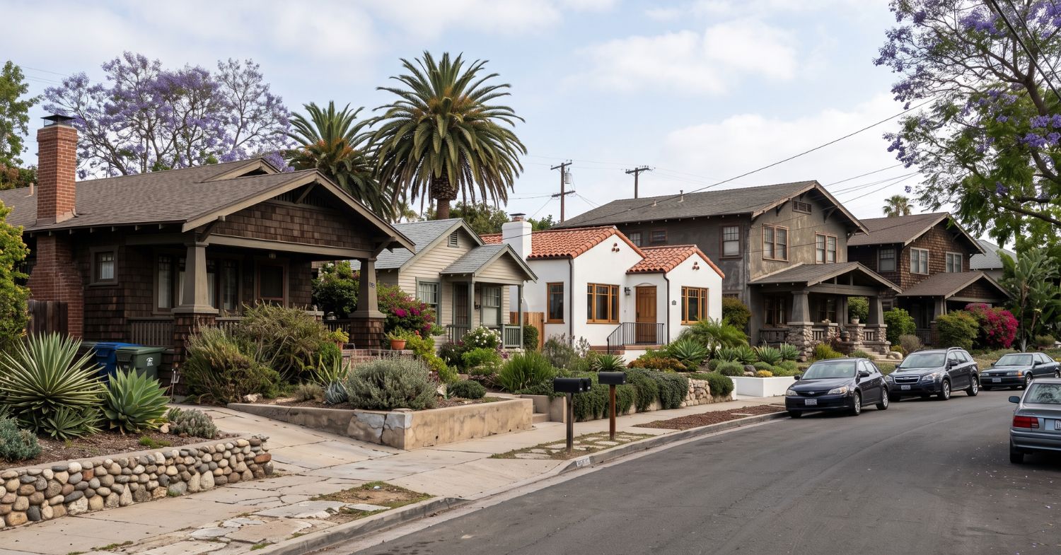 San Diego historic neighborhood streetscape with Craftsman bungalows and a Spanish Revival home