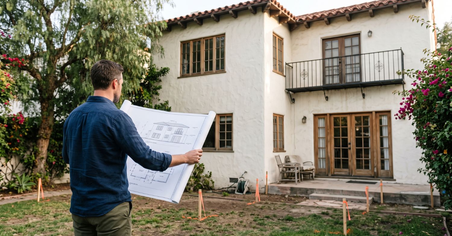 Designer reviewing architectural plans beside a Spanish Revival home before a proposed remodel