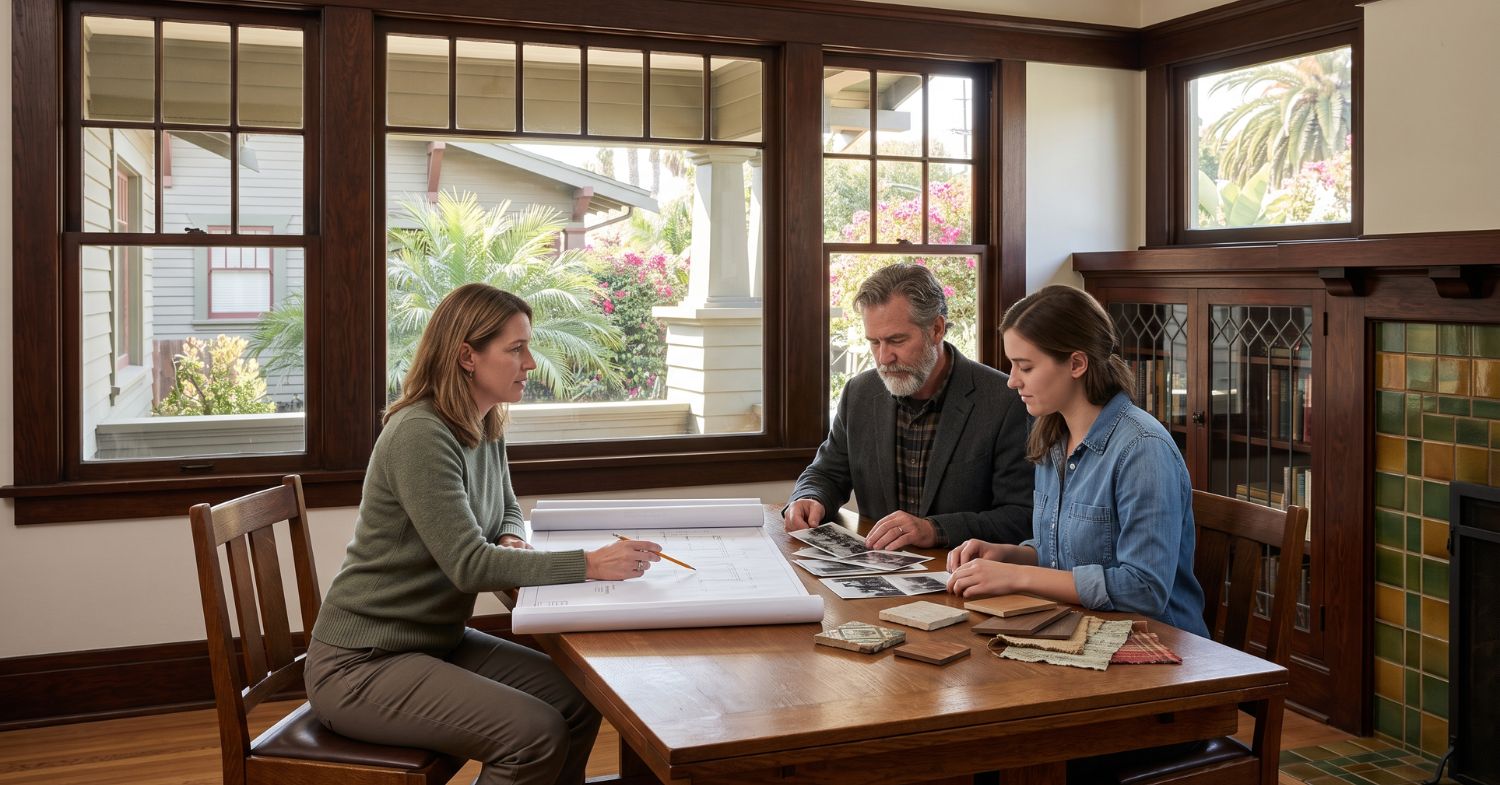 Homeowners and remodeling professionals reviewing plans and material samples inside a historic Craftsman home