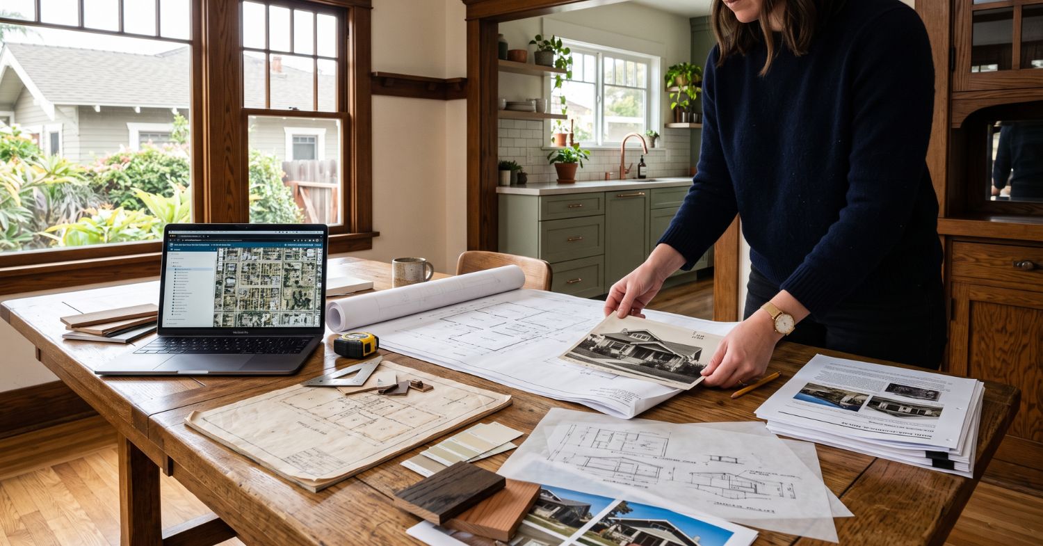 Historic-home plans, property photos and mapping records reviewed at a table inside a San Diego home