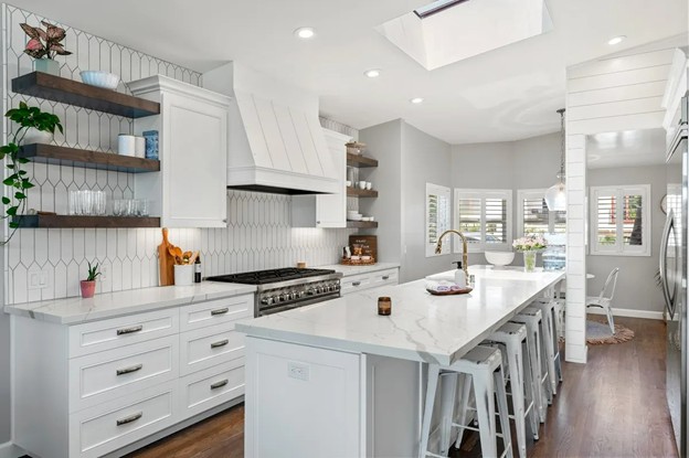 A bright, modern kitchen featuring white kitchen island and cabinetry