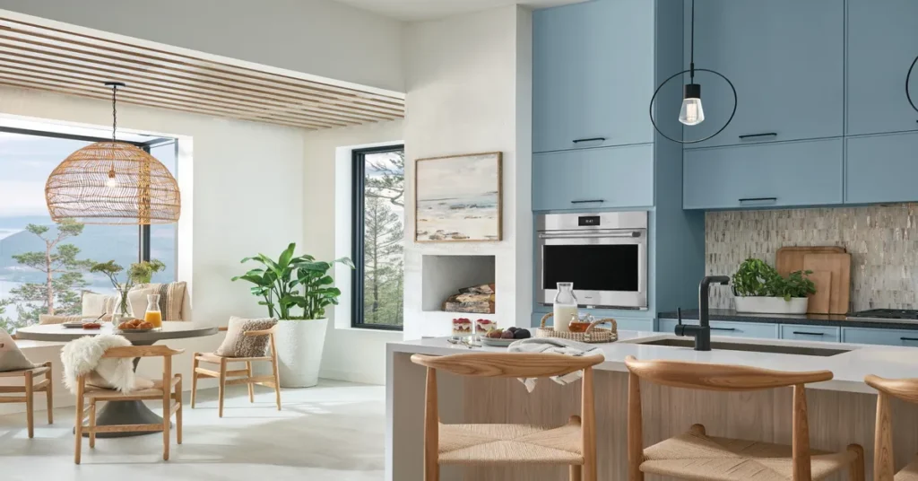 Modern kitchen and dining space with light blue cabinetry, natural wood accents, and large windows.