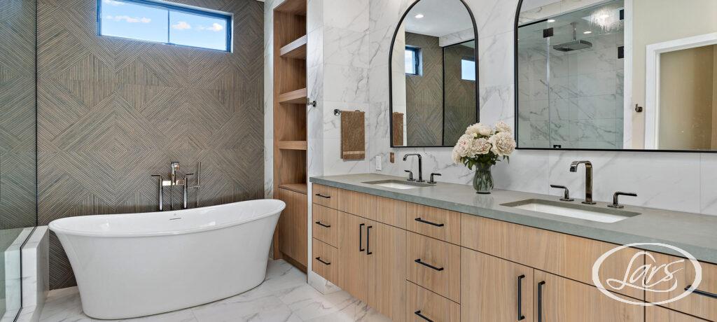 Newly remodeled bathroom in San Diego with a freestanding tub.