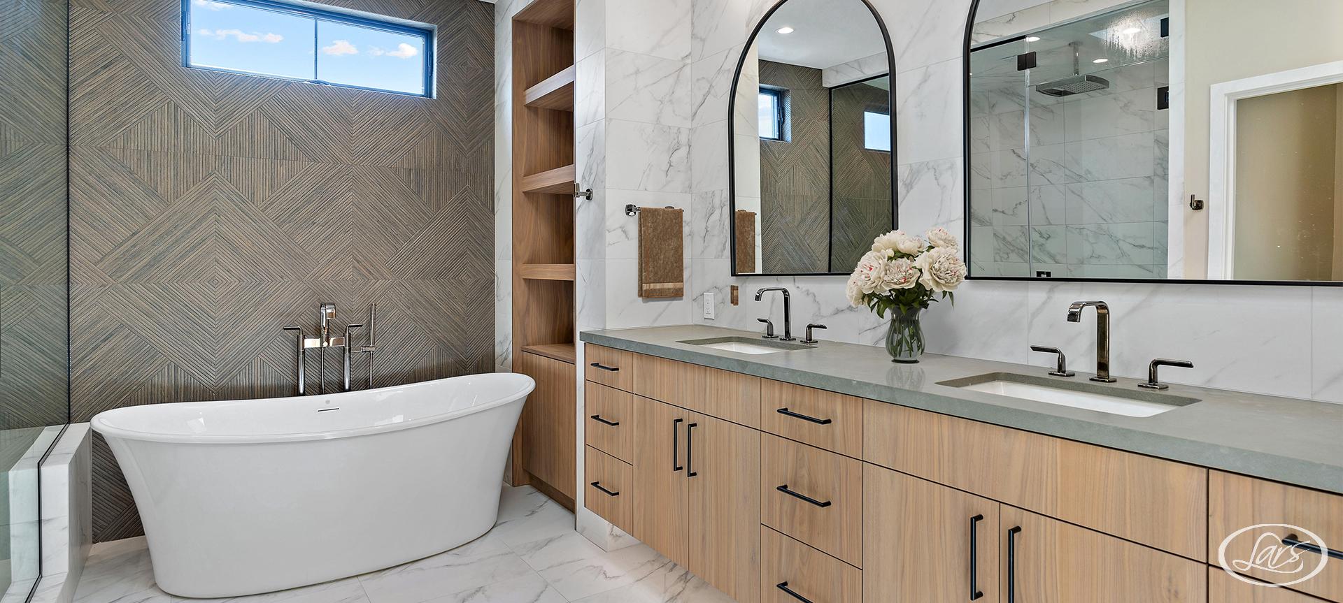 Newly remodeled bathroom in San Diego with a freestanding tub.