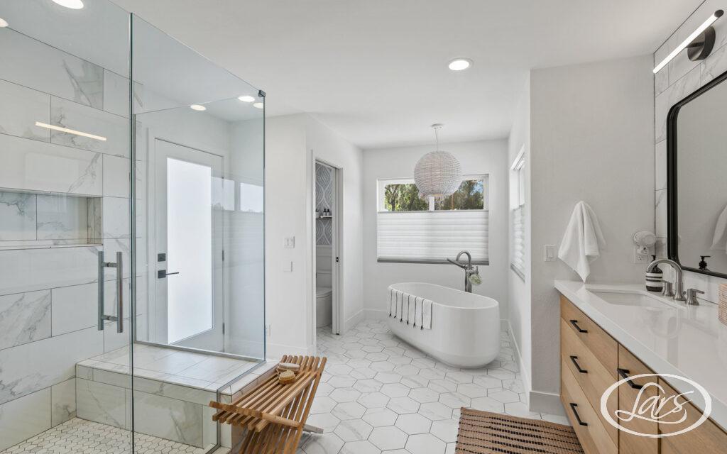 Newly remodeled bathroom in San Diego with a freestanding tub.