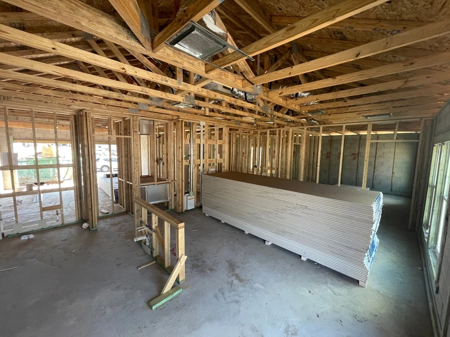 A home in the middle of a large-scale remodeling that takes it all the way to the studs.