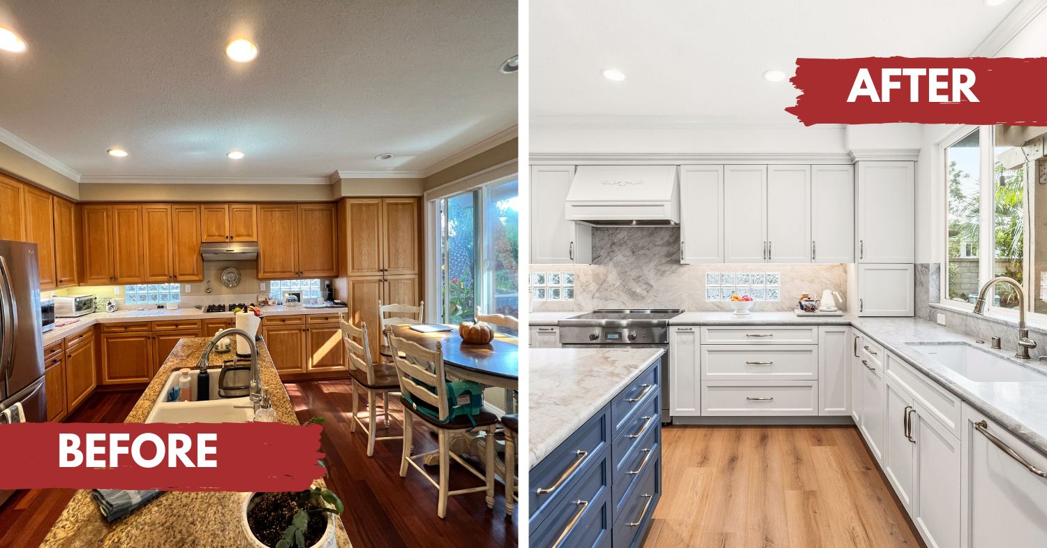 Carmel Valley whole home remodel — remodeled kitchen with white cabinetry, navy island, Calacatta marble countertops, brass pendant lights, and French door opening to backyard pool, by Lars Remodeling & Design