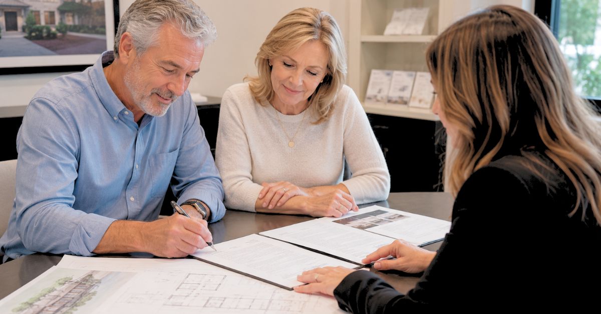 Homeowners meeting with a design-build remodeling team to review plans, project scope, and construction details.