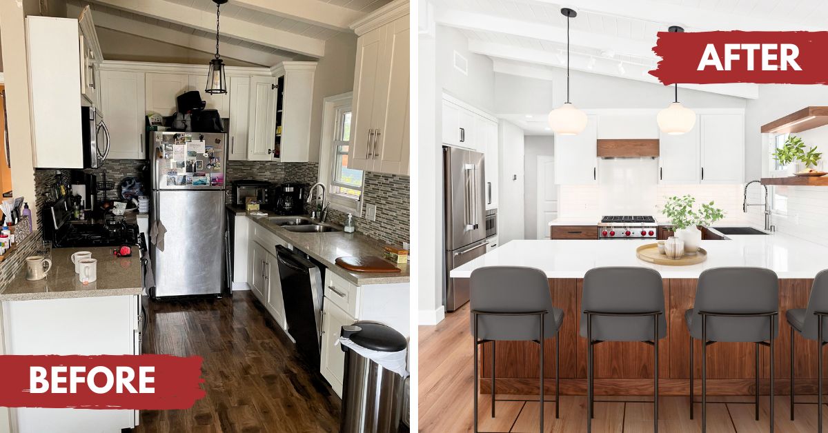 Before and after kitchen remodel showing transformation from dark enclosed layout to bright open-concept kitchen with island.