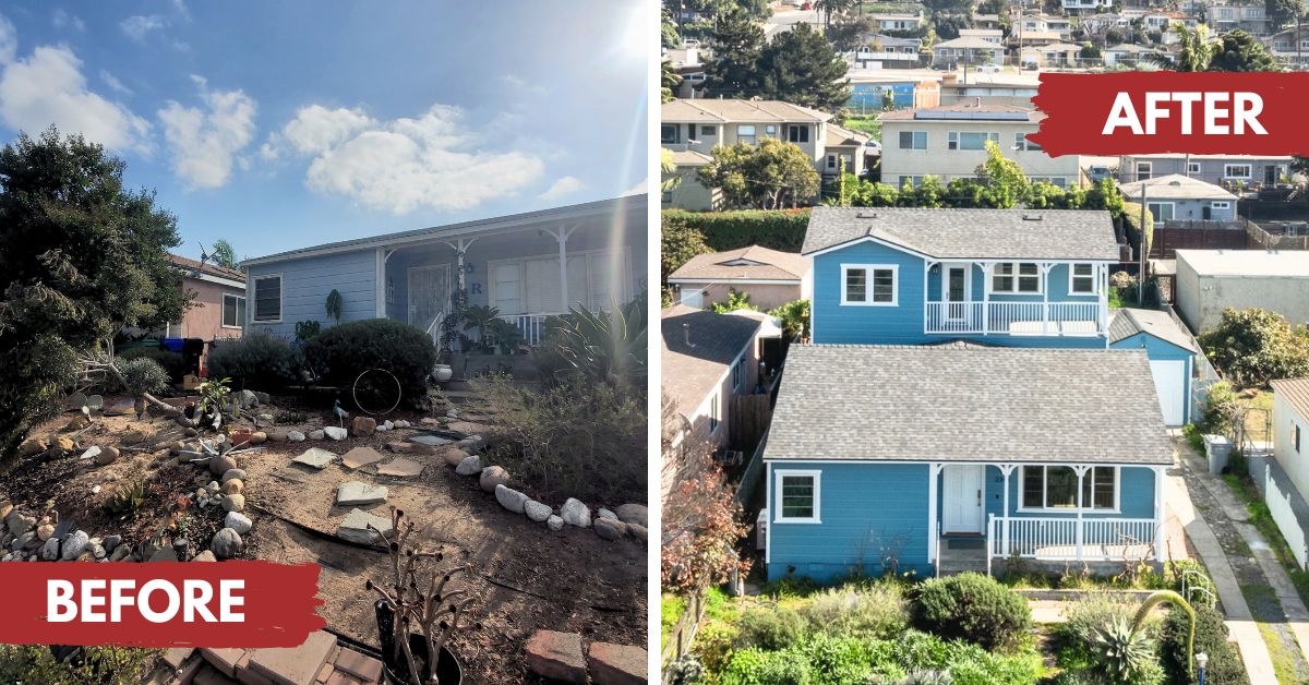 Before and after exterior transformation of a Bay Park whole-home remodel and addition by Lars Remodeling & Design — from a dated 879 sq ft bungalow to a stunning two-story coastal home.