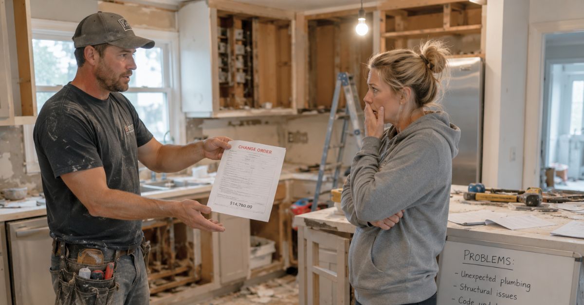 Contractor presenting a costly remodeling change order to a concerned homeowner inside an active renovation project.