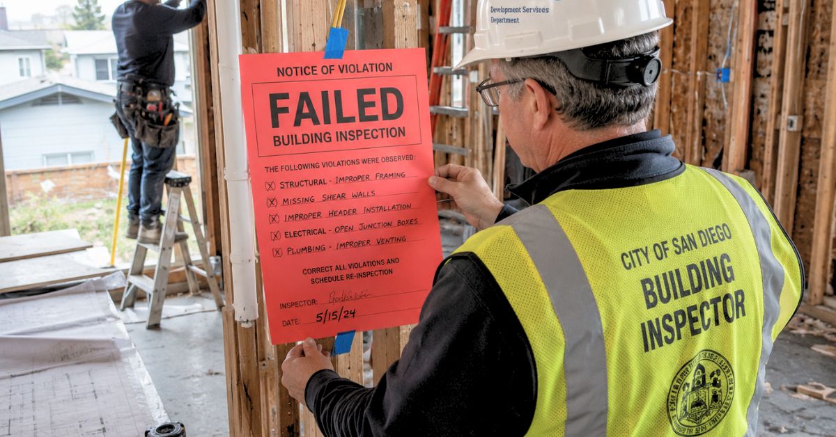 City of San Diego building inspector posting a failed inspection notice inside a residential remodeling project.