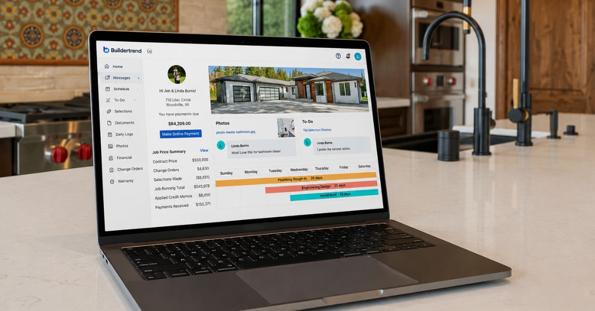 Buildertrend project management dashboard displayed during a San Diego home remodeling project for scheduling, communication, and progress tracking