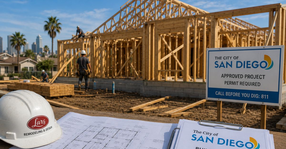 Residential construction site with framing and San Diego permit sign