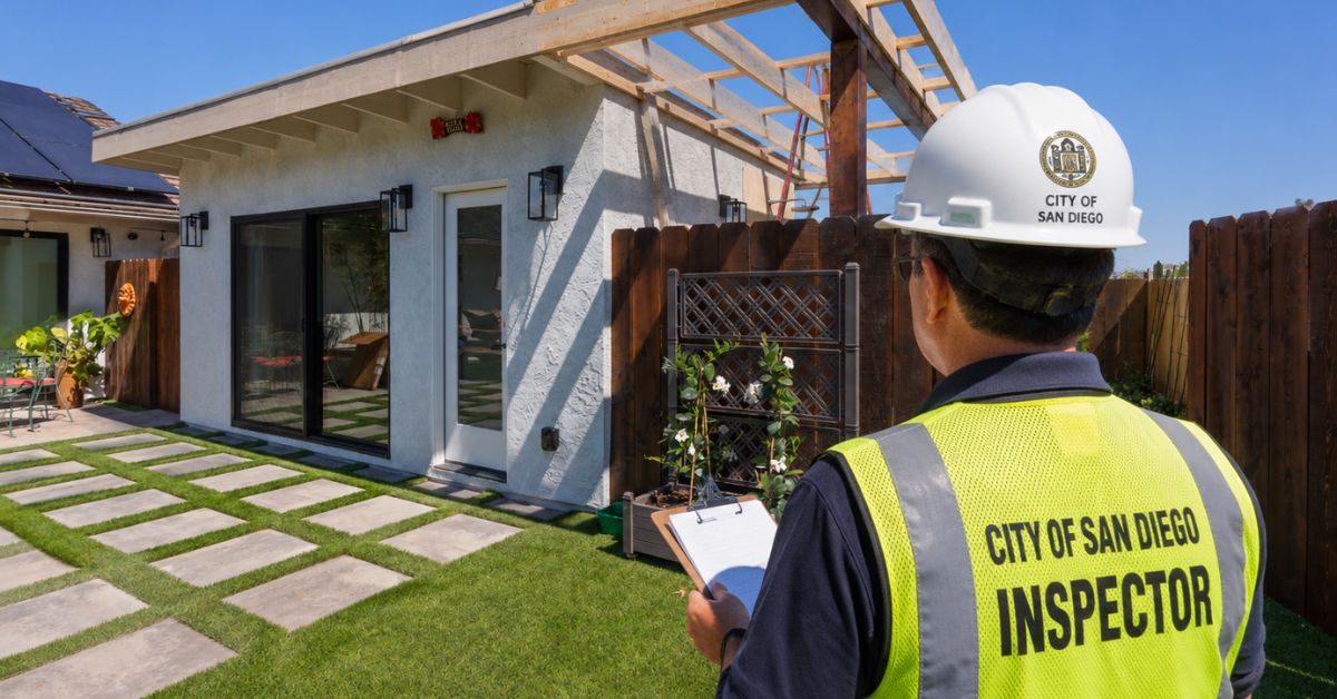 City inspector reviewing a residential construction project during the permitting and inspection process.
