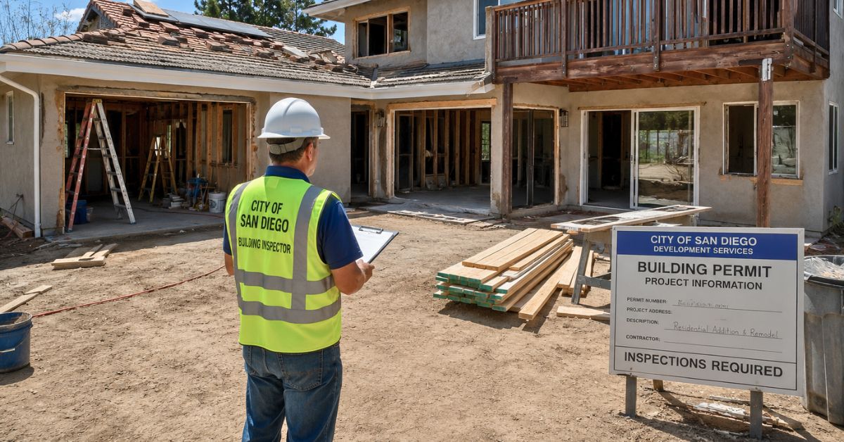 San Diego building inspector reviewing a residential remodeling project under construction with permit signage visible on-site.