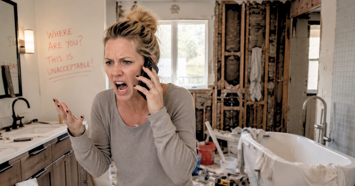 Frustrated homeowner making a phone call during a stressful bathroom remodeling project with visible construction delays.