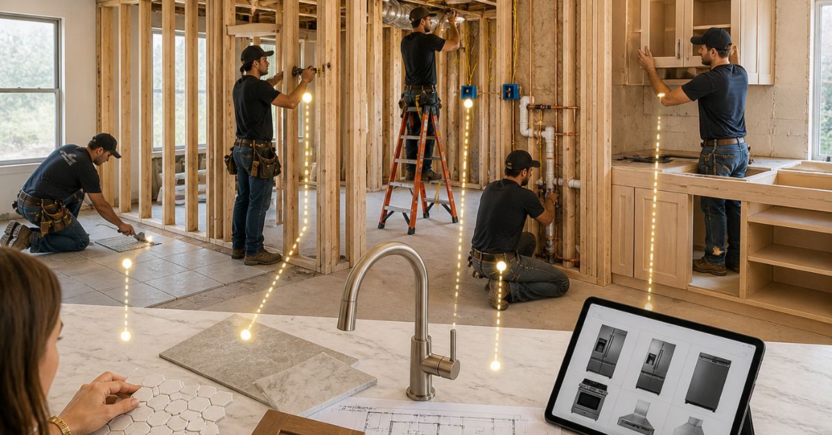 Client selecting fixtures and finishes with designer in showroom