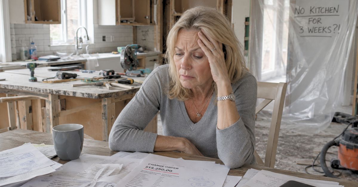 Homeowner overwhelmed by noise, dust, and disruption while living through an unfinished kitchen and bathroom remodel.