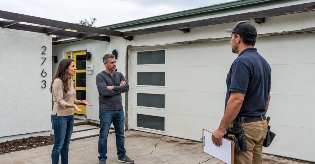Homeowners reviewing remodeling plans and contracts with a design-build consultant before starting a home renovation project in San Diego.